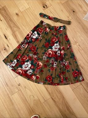 Brooks Brothers Brown A-Line Skirt with Red & White Floral Print